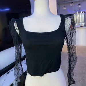 Black Mesh Sleeve Polka Dot Shirt